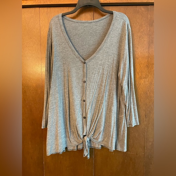 Gray- button down tie front tee - Picture 1 of 3